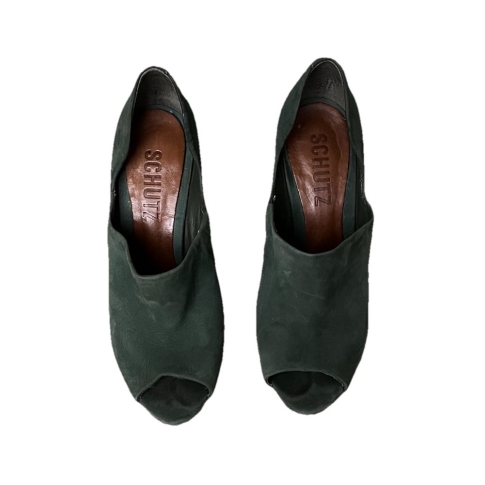 Schutz Green Suede D’Orsay Peep Toe Pumps 6B Women’s High Heel Classic Elegant - Picture 4 of 11